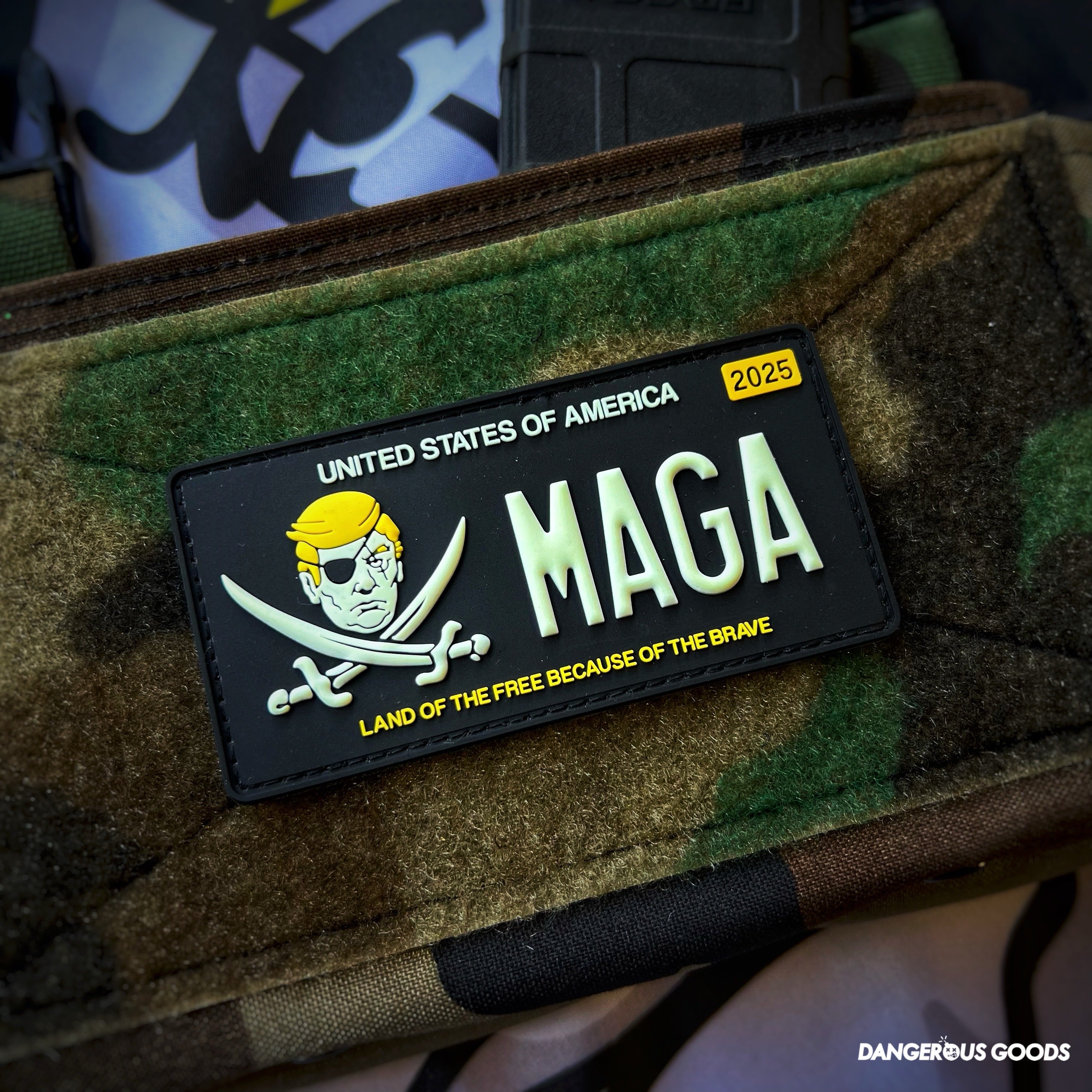 Dangerous Goods® Calico Trump MAGA License Plate Morale Patch