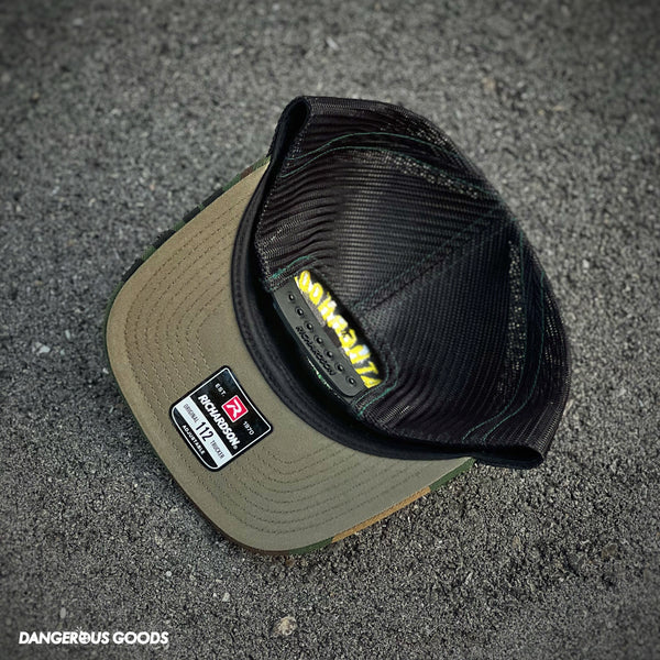 Dangerous Goods Fatherhood Veteran Trucker Hat - M81 Woodland Camo Black Mesh