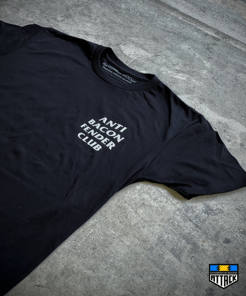 Front view of black Tshirt with white curved font that reads Anti bacon fender club