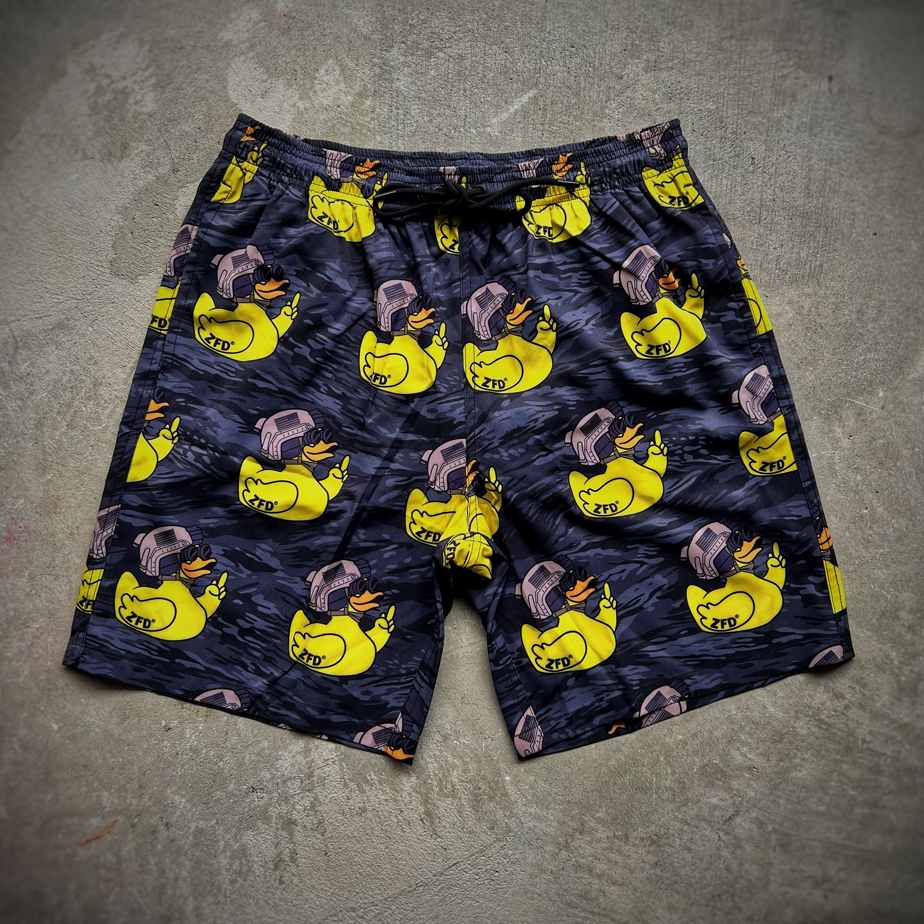 Zero Fucks Duck® OG Yellow Duck Black Tiger Camo Shorts
