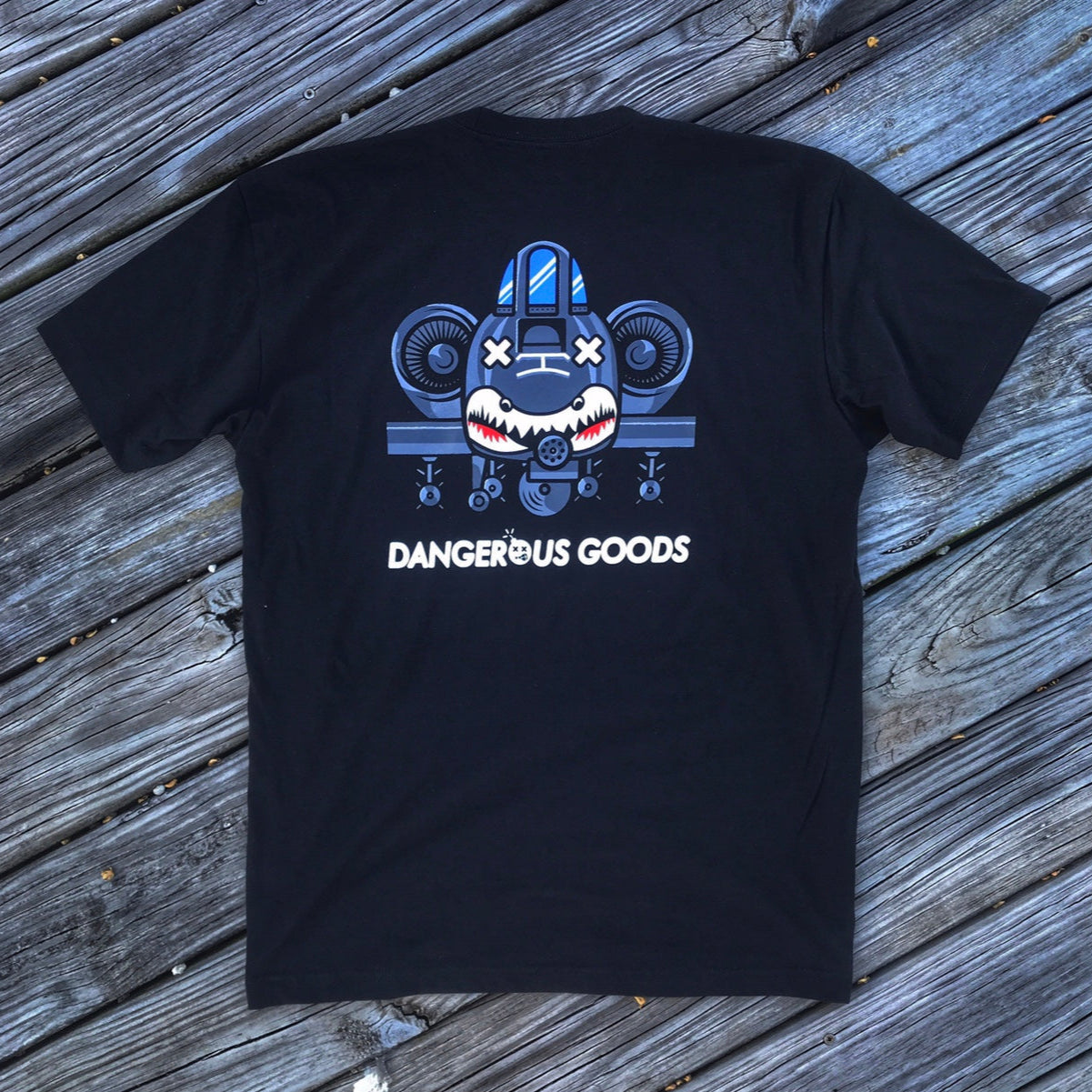 Back view of dangerous goods a10 warthog plane logo on t-shirt