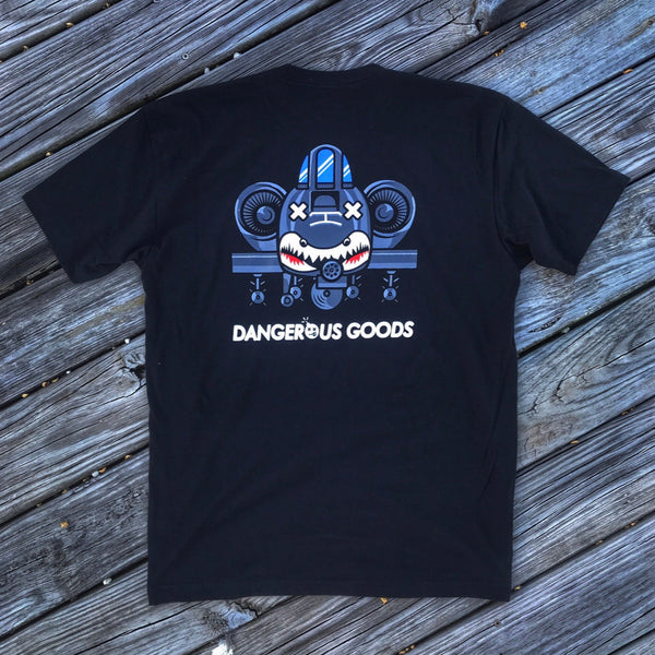 Back view of dangerous goods a10 warthog plane logo on t-shirt