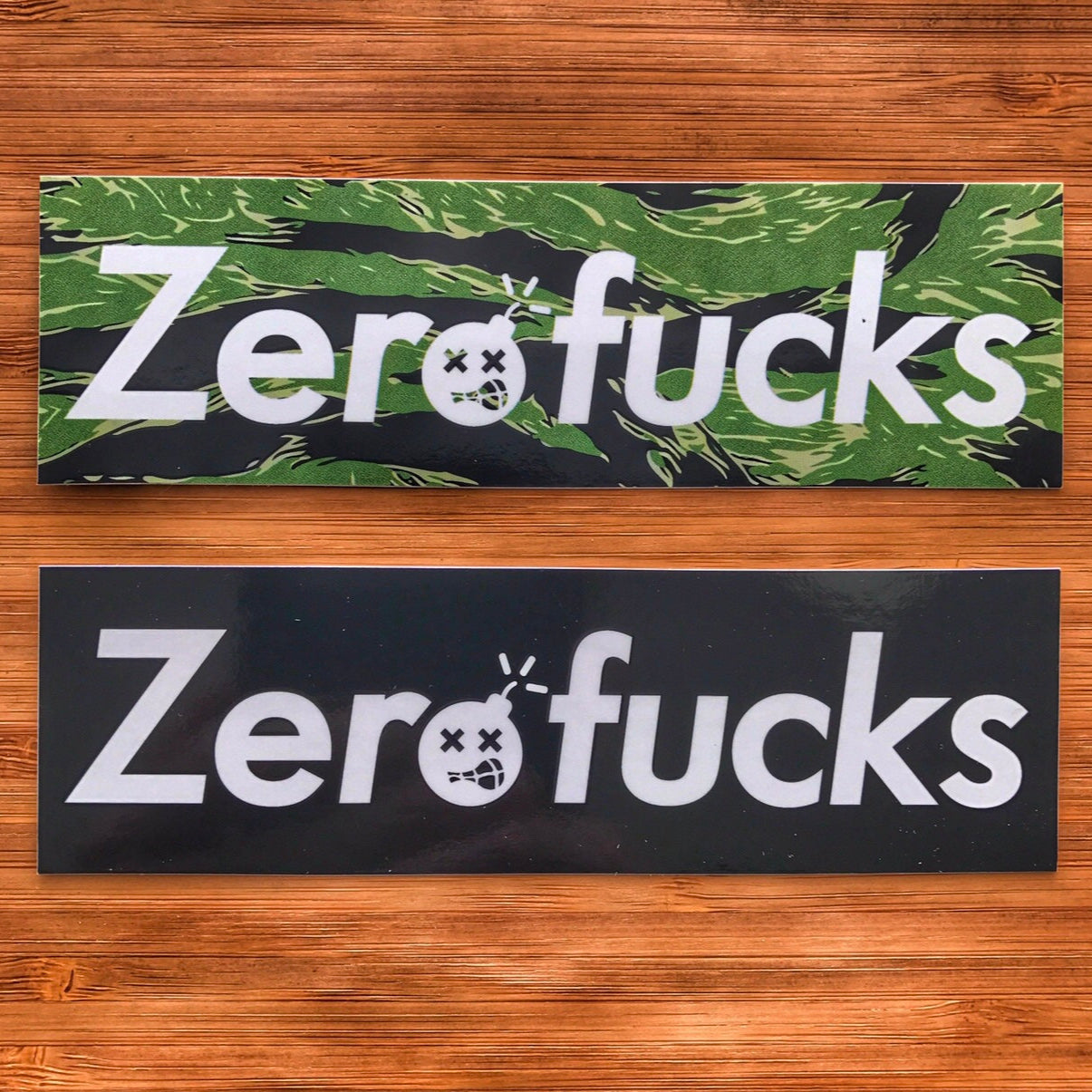 Zero Fucks Box Logo 5” Stickers - Black & Tiger Stripe