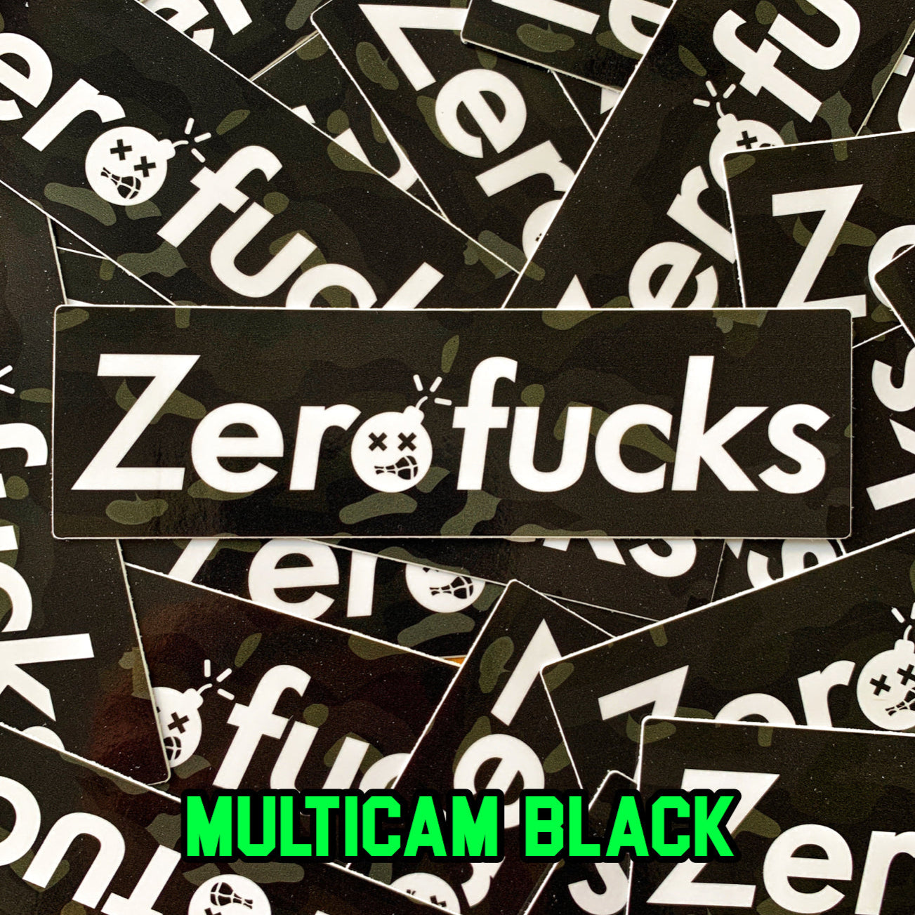 Dangerous Goods® Zero Fucks Box Logo 5” Stickers - Multicam Black