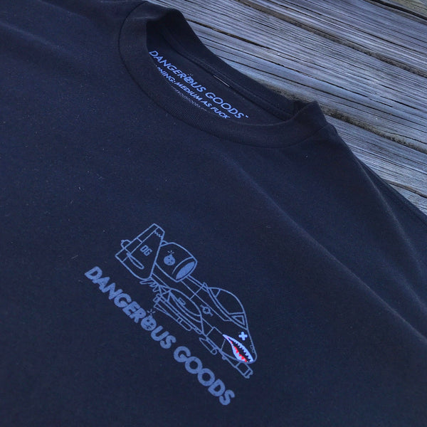 Partial Front view of dangerous goods logo with side view of A10 warthog plane logo above text