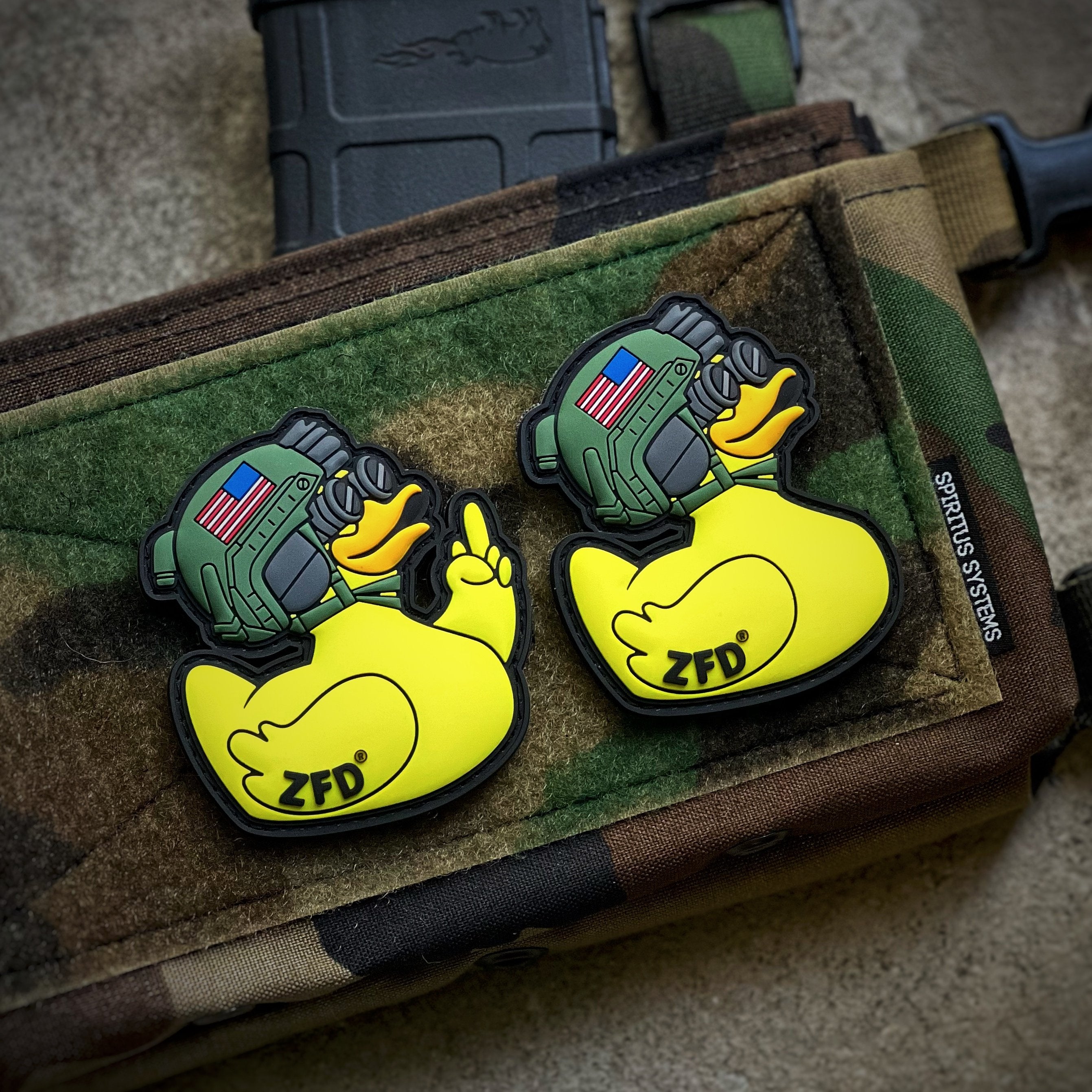 Yellow Tactical Rubber Duck PVC Patches with Olive Green Helmets and Night Vision Goggles