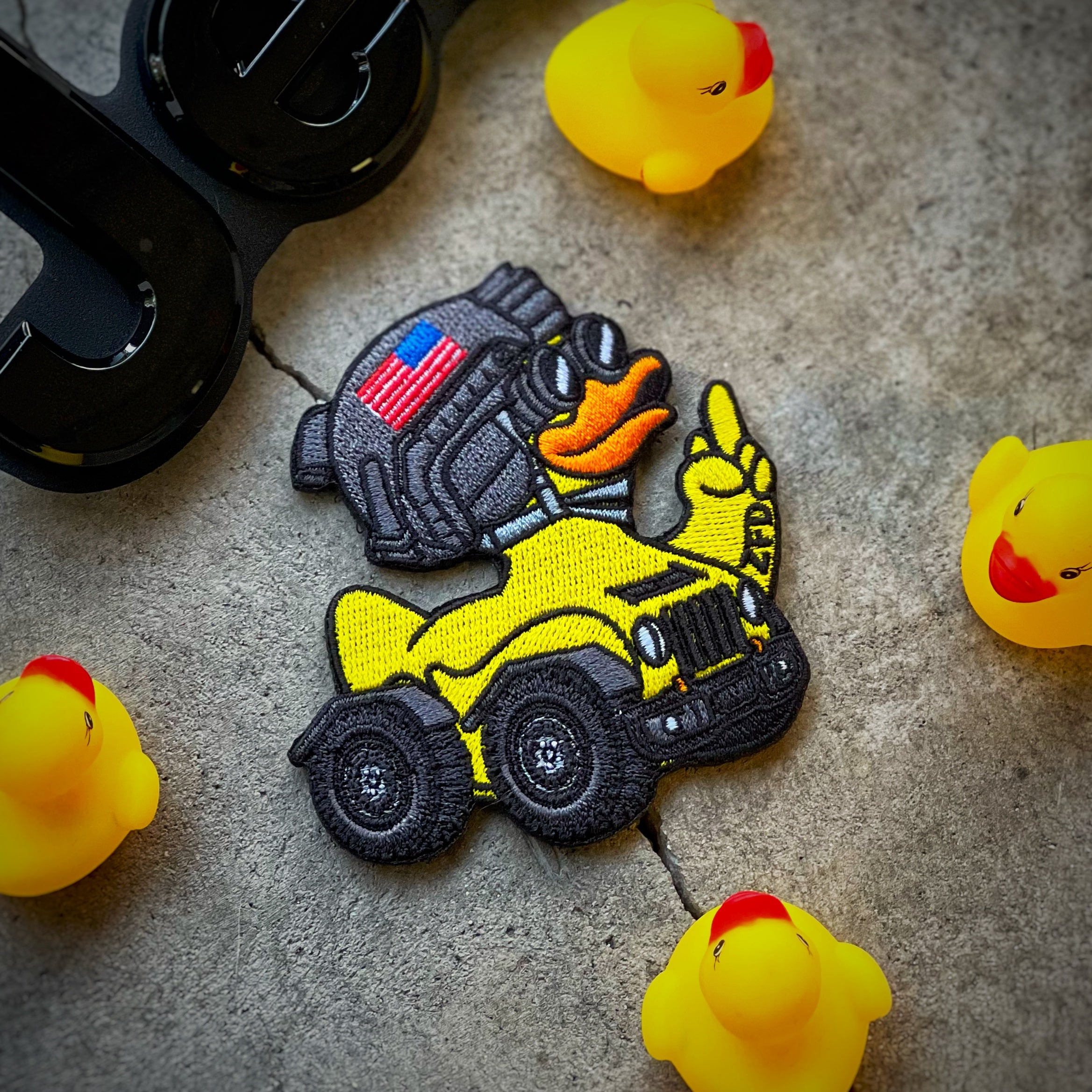 Jeep Yellow Rubber Duck wearing Tactical helmet with goggles 