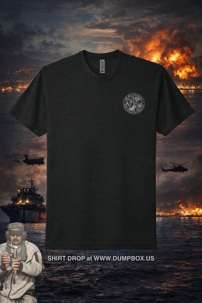 Black t-shirt with a logo against a dramatic background of fire and water.
