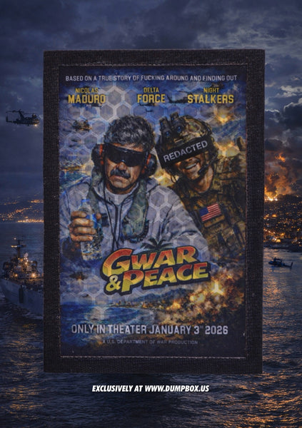 Parody Patch for a movie titled 'GWAR & Peace' with two characters and a helicopter in the background styled as a rectangle movie poster