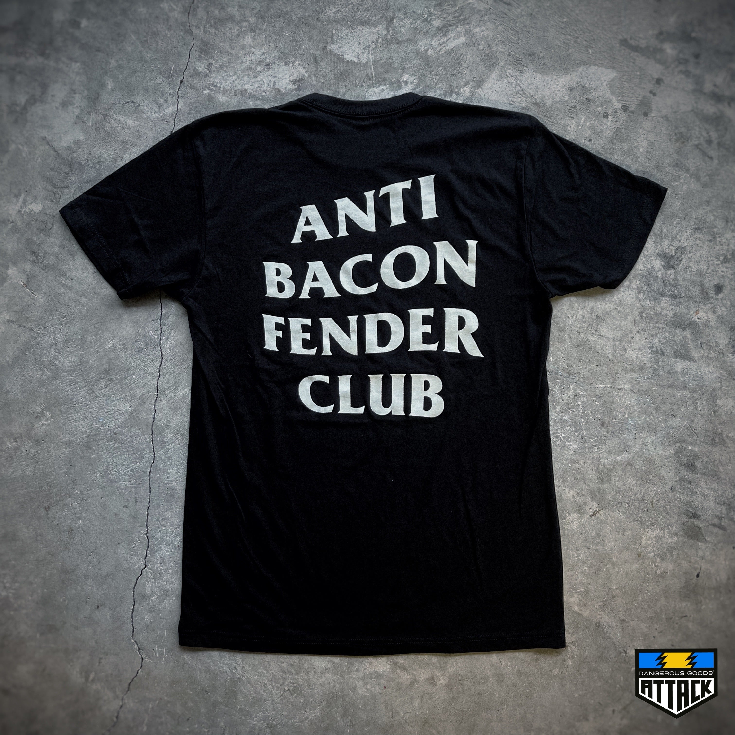 Back view of black Tshirt with white curved font that reads Anti bacon fender club 