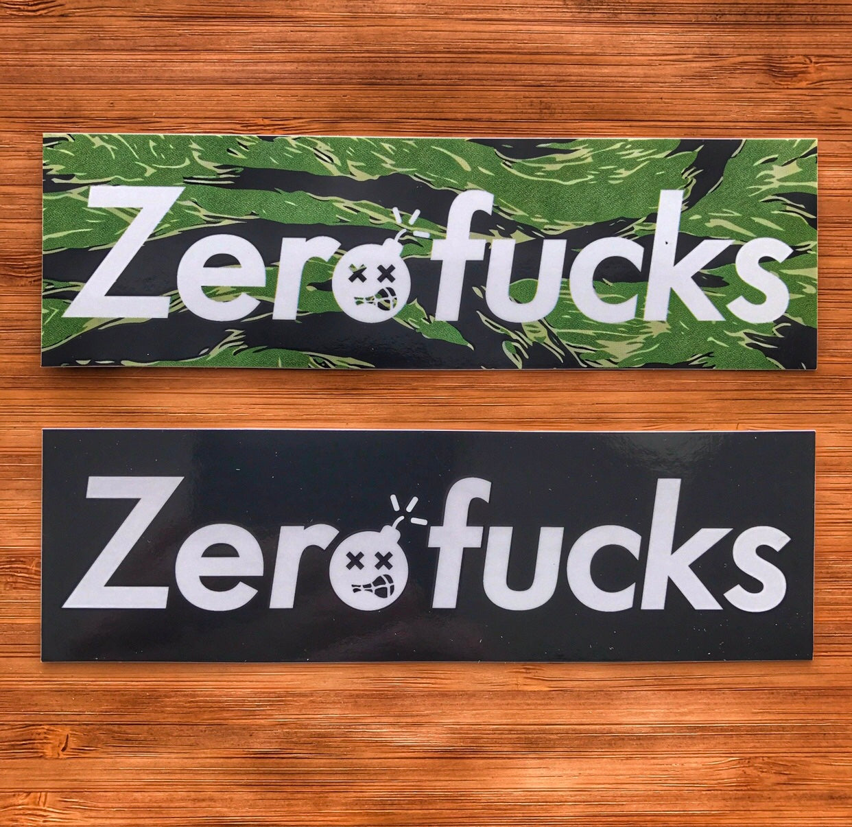 Zero Fucks Box Logo 5” Stickers - Black & Tiger Stripe