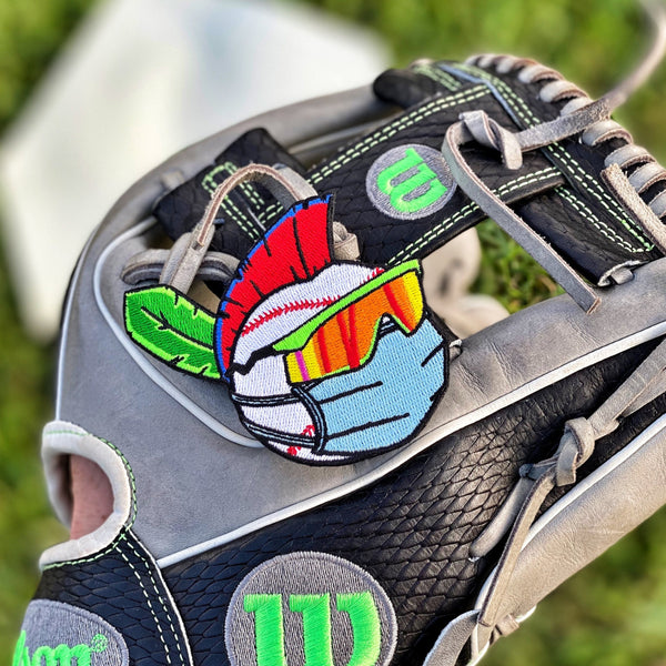 Embroidered baseball style patch wearing sunglasses and medical mask over mouth area