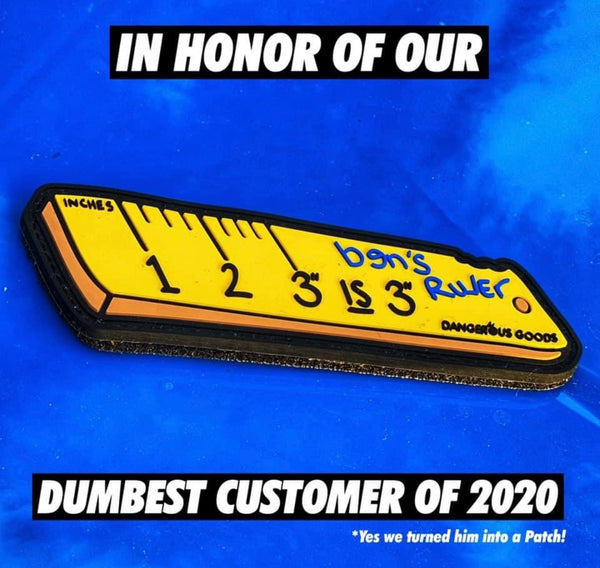 Yellow and black pvc rubber patch in the style of a 3 inch ruler with the text reading Ben’s ruler