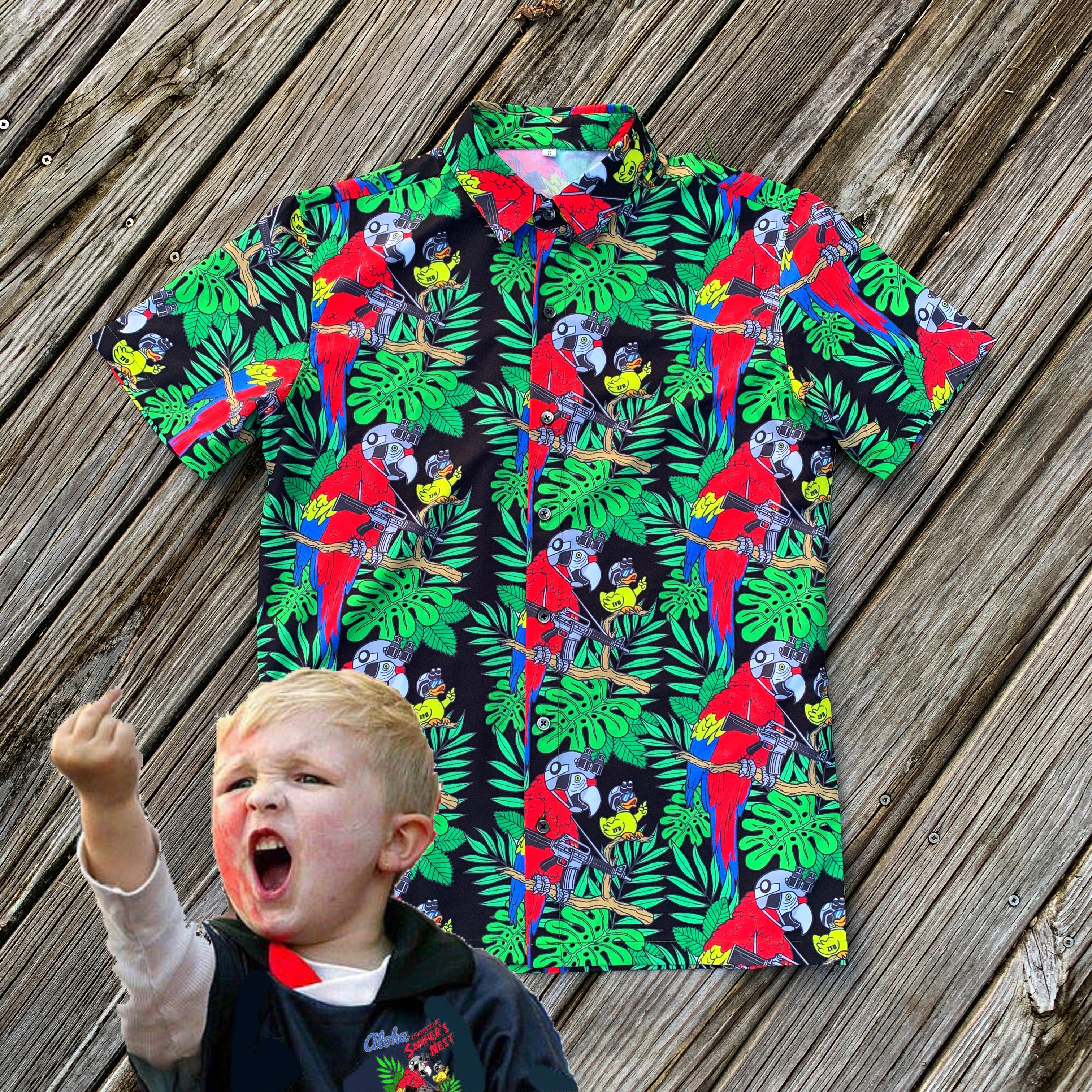 Red and Green Hawaiian print button down short sleeve for Toddlers depicting a Yellow Duck and red macaw Parrot