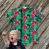 Red and Green Hawaiian print button down short sleeve for Toddlers depicting a Yellow Duck and red macaw Parrot