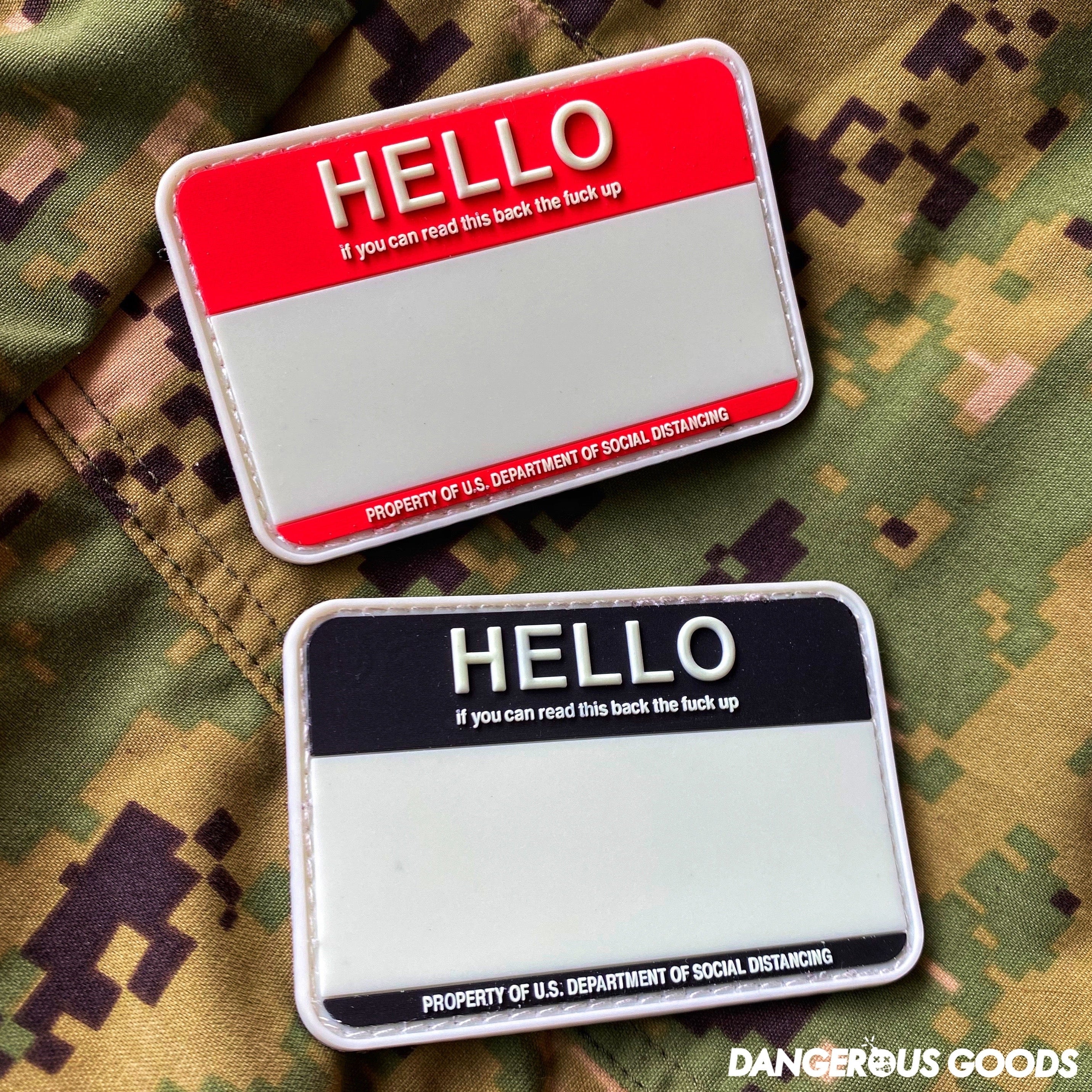 Dangerous Goods® HELLO Back The Fuck Up Name Tag PVC Morale Patch - 2 Colors