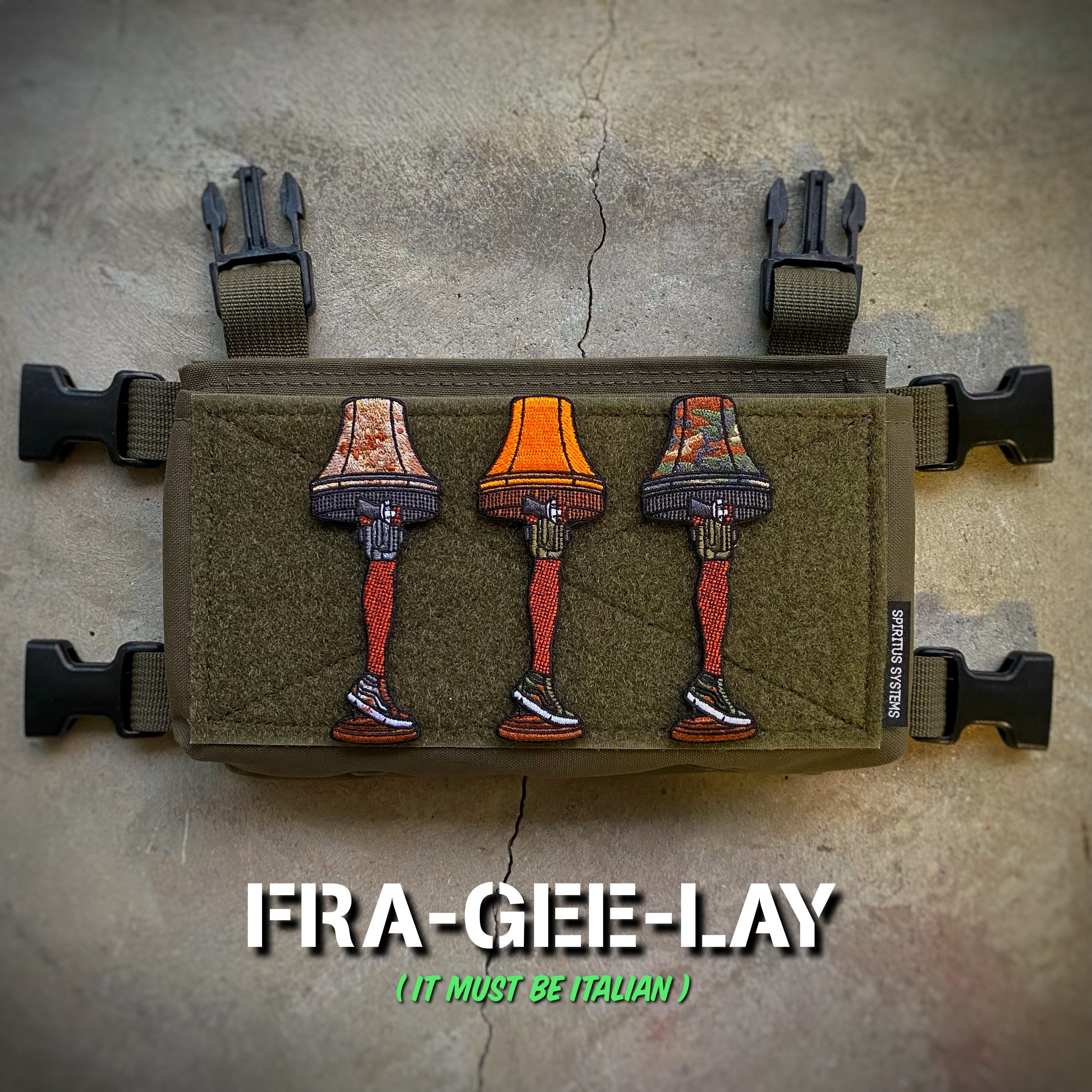 Three Embroidered leg lamp style patches displayed side by side with legs wearing sneakers and leg gun holster