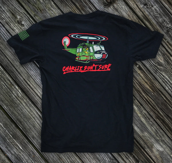 ZERO FUCKS DUCK KILGORE HUEY 'CHARLIE DON'T SURF' T-SHIRT - BLACK