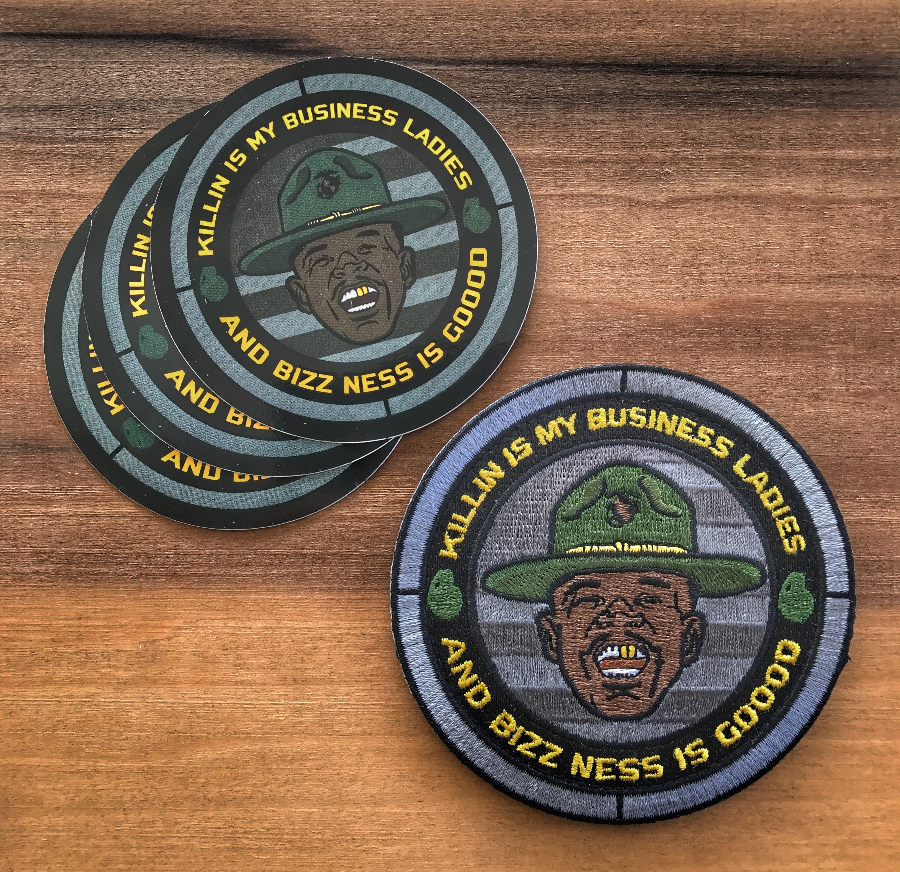 A Sticker and matching Embroidered round patch depicting a man’s head wearing a drill instructor hat with text that reads Killin is my business ladies and business is good
