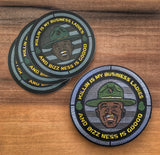 A Sticker and matching Embroidered round patch depicting a man’s head wearing a drill instructor hat with text that reads Killin is my business ladies and business is good