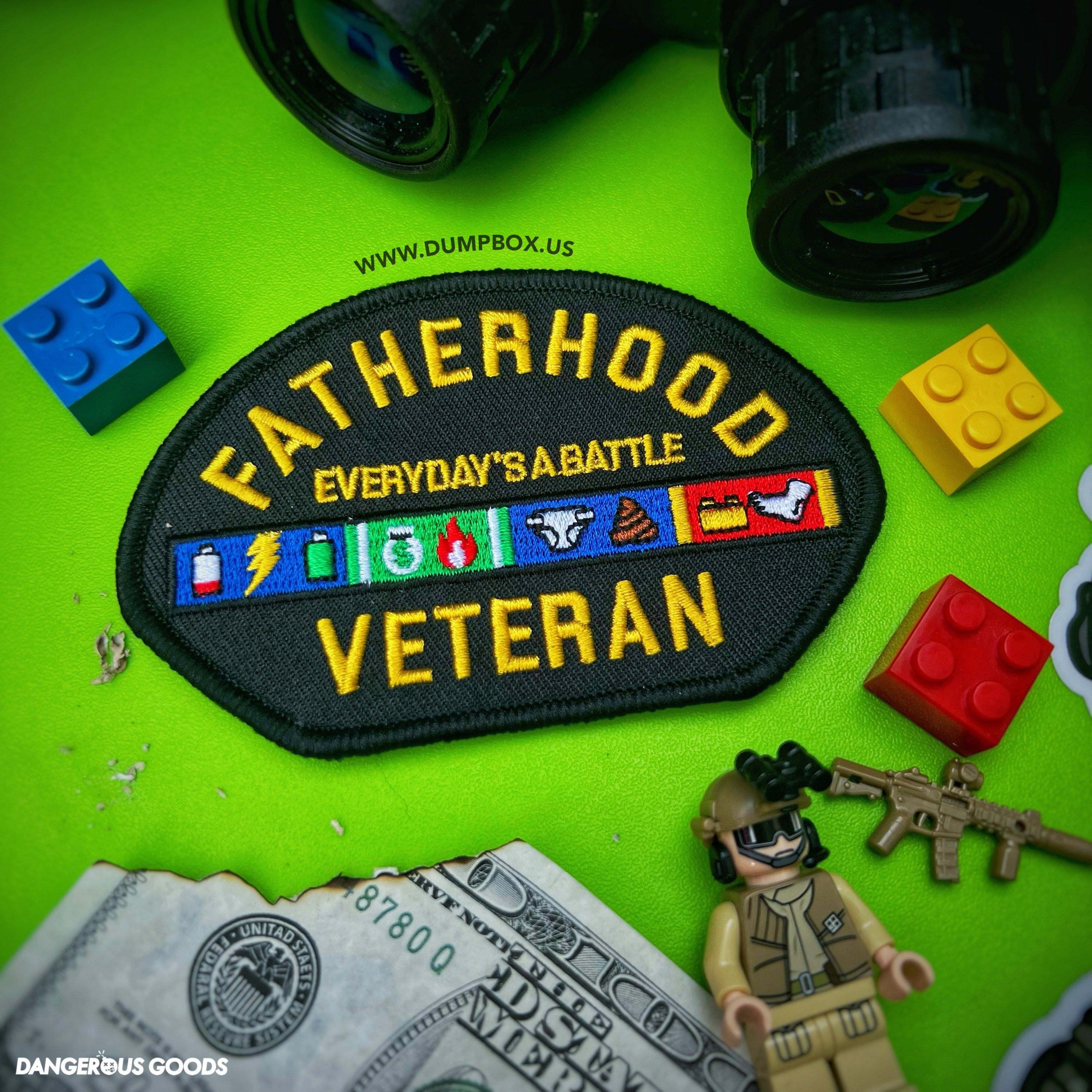 Black Embroidered Patch with yellow letters that read Fatherhood Veteran